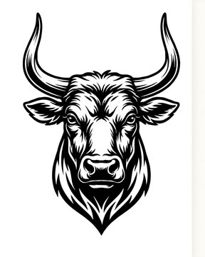 Strong bull head illustration in black and white ink style