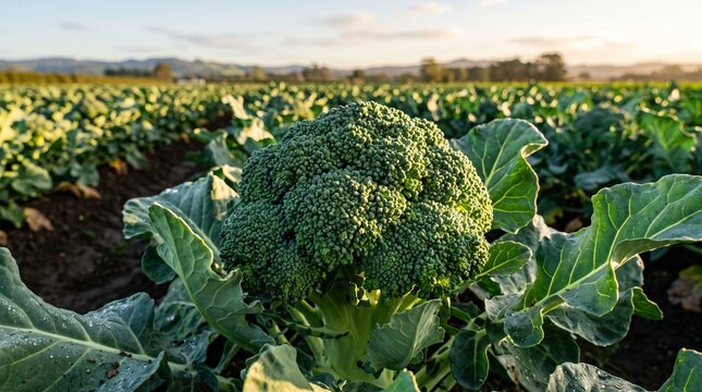 Green broccoli head growing in organic farm field with broccoli, vegetable