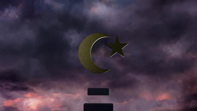 On scene start zooming, gold crescent-star centering, bars rising, clouds shifting for focus