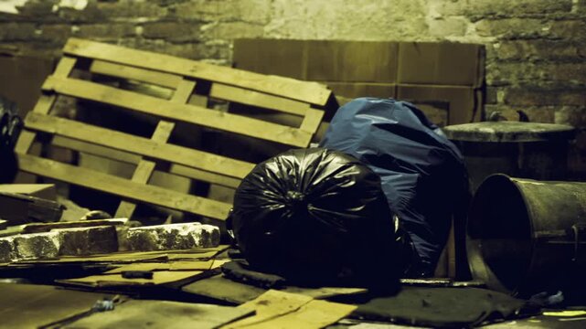 Piles of cardboard boxes and plastic bags fill a dimly lit space. The atmosphere feels heavy as discarded wooden pallets lean against the wall, showing neglect and solitude.