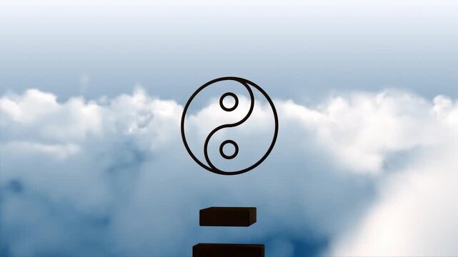 Camera dollying in, yin-yang remaining centered while bars rising toward circle, revealing logo