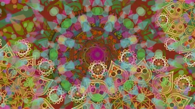 On loop start central mandala spinning and resizing, petals and lace drifting to form kaleidoscope