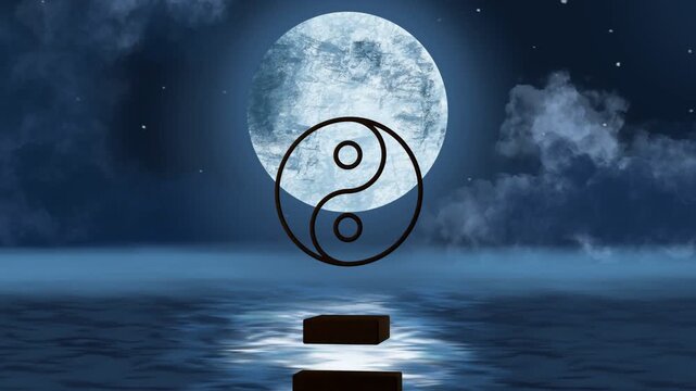 On start, yin-yang emblem staying centered while three platforms slowly rising to align under moon
