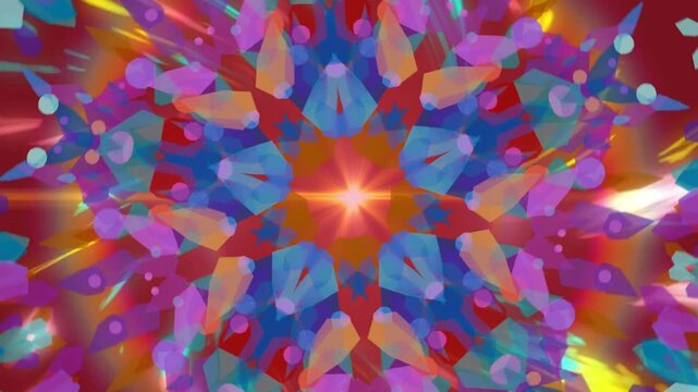 Central glow pulsing, mandala rotating petals outward and revealing layered polygons on red canvas