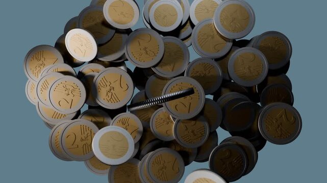 Falling coins entering from upper-left, striking pile, scattering and tumbling, showing spread