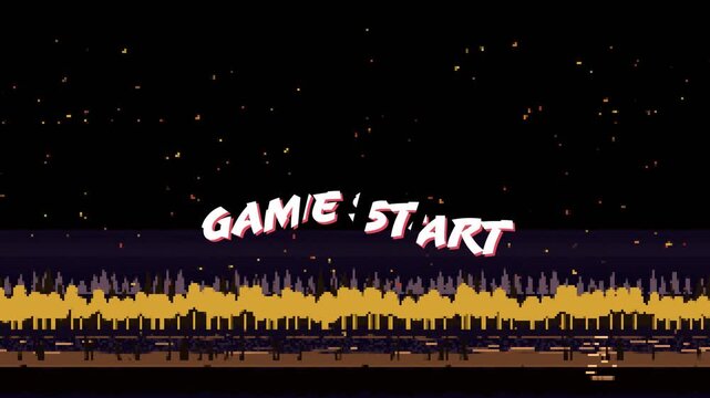 Bold GAME START text sweeping in with rapid zoom, wobbling and glitching, signaling game start