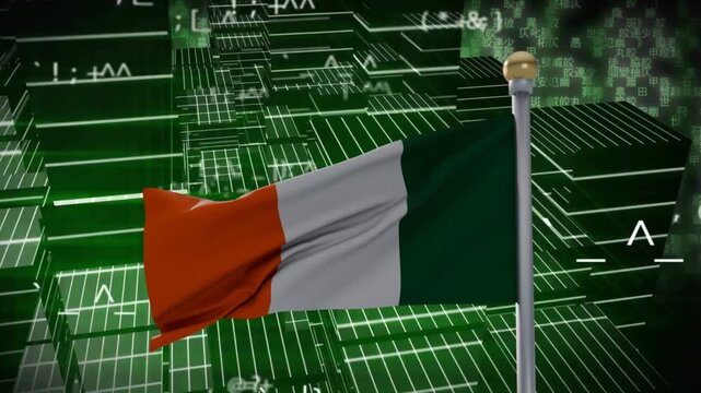 Left wave starting rippling tricolor flag revealing bands while green grid pulsing showcasing brand