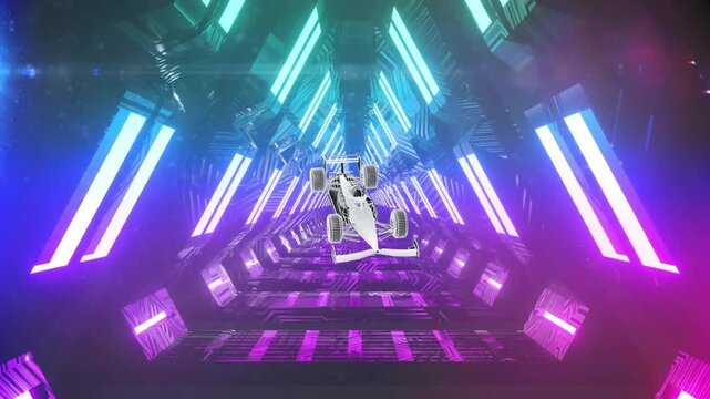 White racer accelerating in neon tunnel, pulsing lights causing reflections and view shift for tech