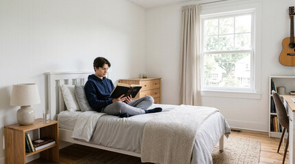 Fototapeta premium Young man reading book in cozy bedroom with modern decor and natural light streaming through window. Reading time enhances relaxation and focus in personal space,