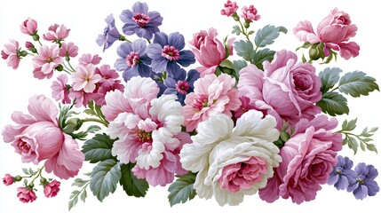 Obraz premium Elegant bouquet of lush pink, white, and purple blooms with detailed green foliage, exuding a romantic and sophisticated floral essence for decorative and design projects