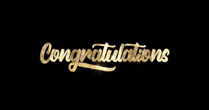 Luxurious Congratulations text animation in golden glitter texture and alpha matte. Handwritten calligraphy with an alpha channel. Great for video openings, greeting videos, and intro videos. 