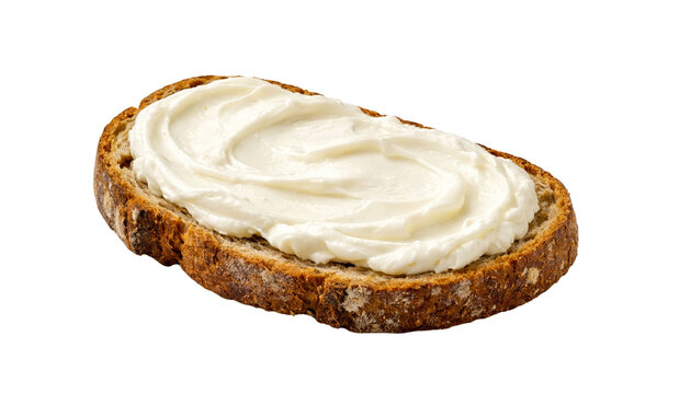 Slice of whole‑grain bread with creamy cheese spread, isolated on transparent background. Breakfast concept,dairy topping, and rustic bakery style.