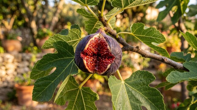 Fresh ripe fig fruit split open on branch with green leaves in garden, raw food
