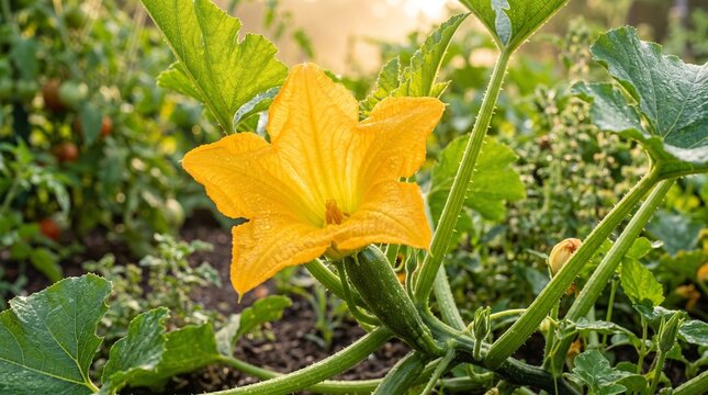 Bright yellow pumpkin flower blooming on green vine in home garden with backyard