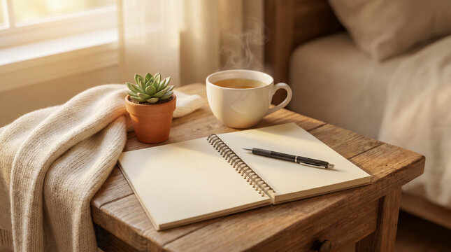 Open blank journal with pen coffee cup and succulent on a rustic wooden bedside table