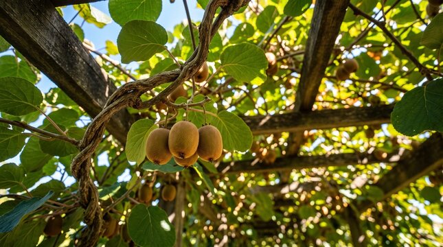 Fresh kiwi fruits hanging from vines on wooden trellis pergola with agriculture