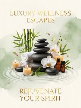 Luxury wellness escapes spa concept with zen stones bamboo candles and white orchid flower for relaxation and peaceful healing