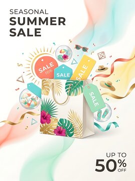 Seasonal summer sale banner with a shopping bag decorated with tropical palm leaves flowers and discount tags for retail promotion
