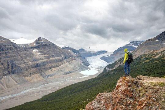 Hiker standing on rocks overlooking valley with glacier tongue, Parker Ridge, Saskatchewan Glacier, Athabasca Glacier, Jasper National Park National Park, Canadian Rocky Mountains, Alberta, Canada