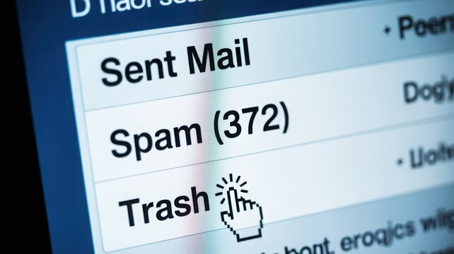 Close-up of a digital screen showing an email inbox with 'Spam (372)' and 'Trash' folders, with a hand cursor hovering over 'Trash'.