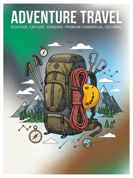 Adventure travel backpack with climbing gear and mountain scenery for hiking and camping trips in a colorful vector illustration