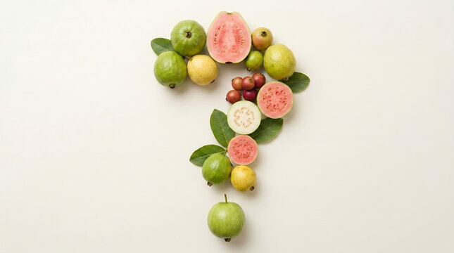 Question mark made up of guava, Fruits Question mark, Question mark concept, concept for assessments, test, exam, quiz, puzzle, knowledge checks backgrounds, concept of help, 