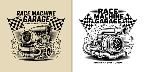 Detailed race machine garage illustration featuring turbocharger and checkered racing flags © Vectyx
