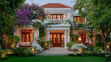 Fototapeta premium Exquisite villa adorned with lush flora, showcasing luxury living in a tranquil setting