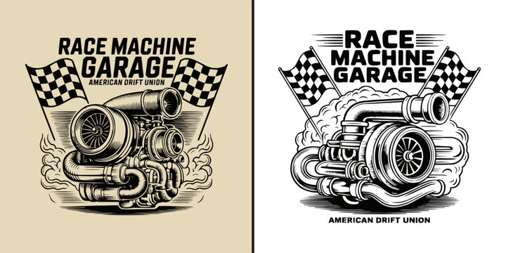 Detailed race machine garage illustration featuring turbocharger and checkered racing flags