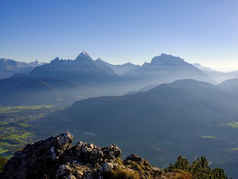 View from the Rauher Kopf summit of the Berchtesgaden Alps, Sch&ouml;nfeldspitze, Watzmann and Hochkalter, Berchtesgaden National Park, Bischofswiesen, Berchtesgadener Land, Upper Bavaria, Bavaria, Germany