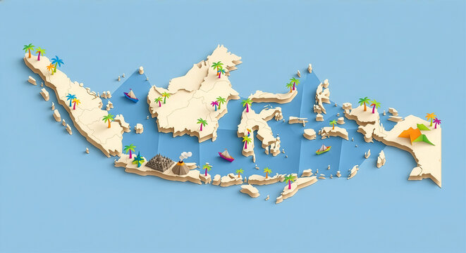 3D isometric map of Indonesia with paper cut style tropical islands, volcano, and Borobudur temple