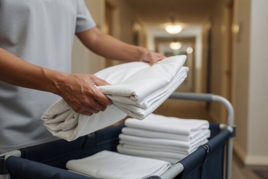 Hotel staff organizing clean white sheets on a service cart in a hallway, preparing for room servicing