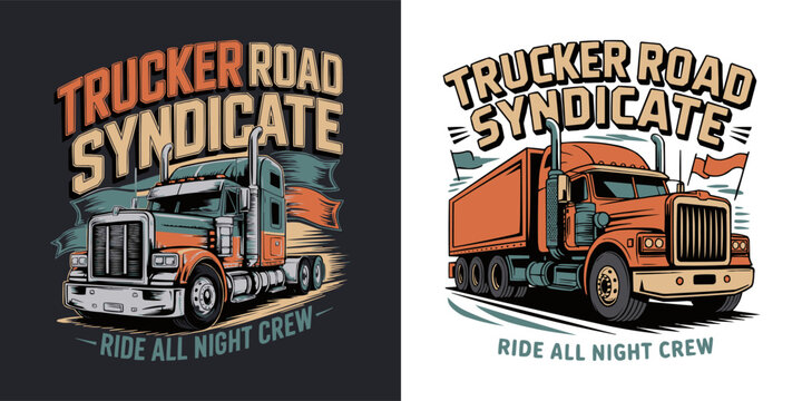 Vintage style illustration featuring a heavy semi truck for trucking fans