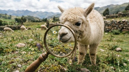 Fototapeta premium Curious alpaca in grassy andean landscape with magnifying glass for editorial background and nature banner