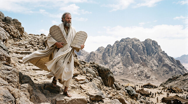 Biblical scene with Moses carrying stone tablets on mountain path, dressed in traditional robe against stunning landscape. This image depicts a significant moment in faith and religion,