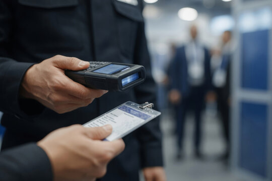Security professional scanning an id badge with a handheld device, ensuring secure access and control at a busy venue
