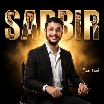 smiling man, gold text effect, portrait illustration, comeback concept