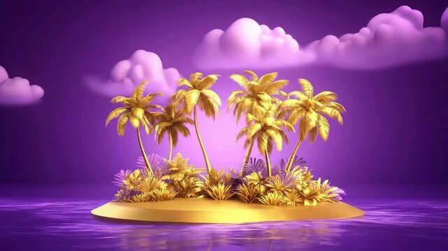 Golden summer paradise with palm trees and tropical plants on island. Exotic luxury vacation concept for travel agency advertisement, poster and greeting card