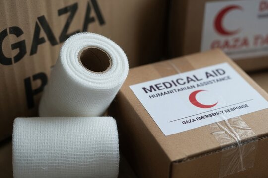 Medical aid boxes and gauze bandages ready for humanitarian assistance shipment to gaza emergency response