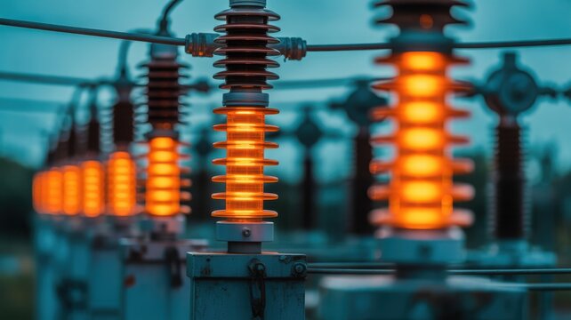Electrical insulators glowing in a power substation