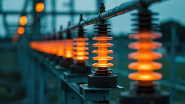Row of high voltage electric insulators glowing orange on power lines at dusk