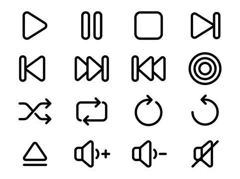 A collection of outline media player and audio control icons for user interfaces and digital applications.