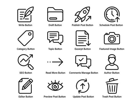 A comprehensive set of line icons illustrating various buttons for blog post creation, editing, and publishing, including features like draft, schedule, SEO, and comments management.