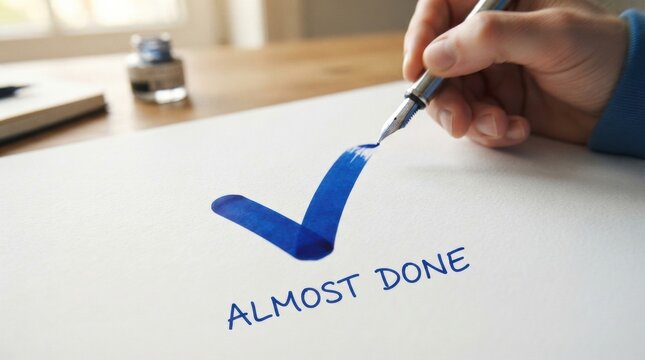 Blue checkmark being painted with a fountain pen and the words almost done for completion concept and motivational banner or print