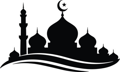 Islamic mosque silhouette with beautiful domes and minaret isolated on white background for Ramadan and Eid Mubarak banner © MDSOJIB