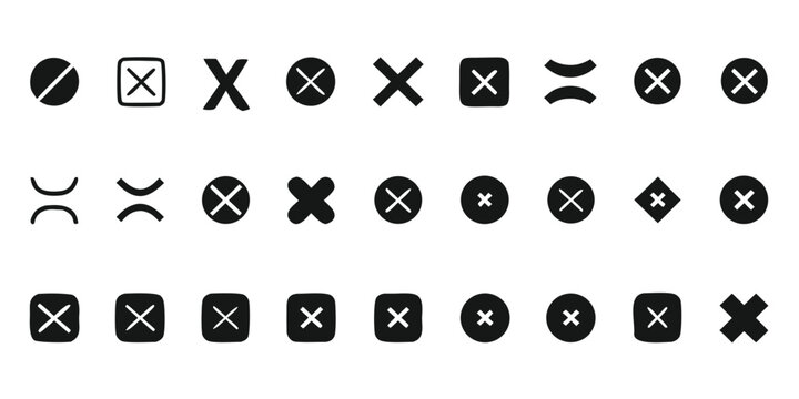 Collection of black cross and cancel icons on white background