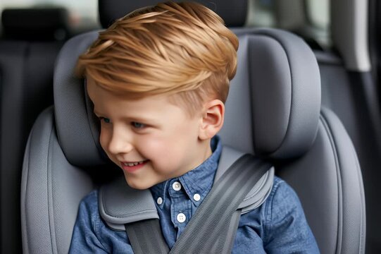 Happy boy in a child car seat wearing a seatbelt while traveling by car.	

