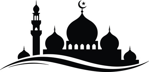 Islamic mosque silhouette with dome and minaret isolated on white background for Ramadan and Eid design © MDSOJIB