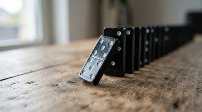 Row of black dominoes on rustic wooden table with first tile tipping over for motion background and game concept design
