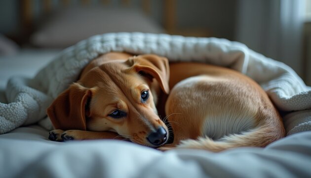 Cozy dog resting on blankets in bedroom, warm and inviting atmosphere. Dog snuggled under soft blanket on bed, creating a sense of comfort and relaxation. Ideal concept of home and pet love.